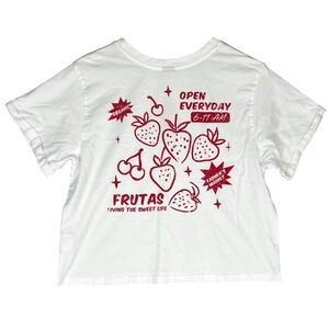 Messy Bun Just Chillin Embroidered White Cropped T Shirt Red Fruit Graphic Large